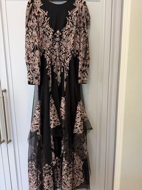 BCBGMaxAzria Black and Blush Embroidered Tulle Maxi Dress